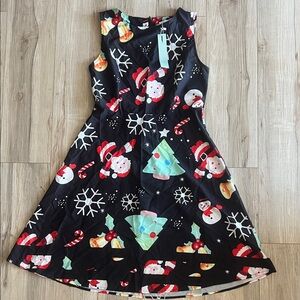 Women’s Holiday Black Midi Dress with Santa and Snowflake Print